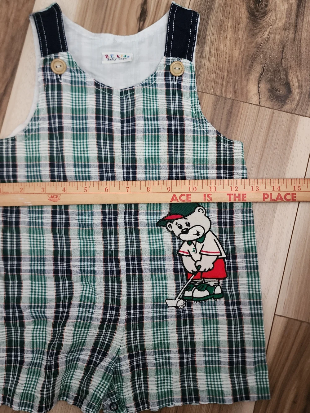 Vintage B.T. Kids Baby Toys Plaid Golf Bear Romper 1990s Y2K